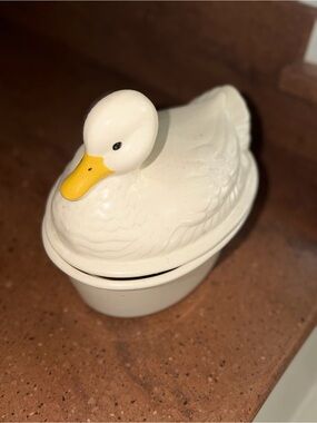 White Ceramic Duck Covered Dish with Yellow Beak